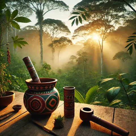 Traditionally crafted pottery and tools in a lush rainforest at sunrise, related to Rapé preparation.
