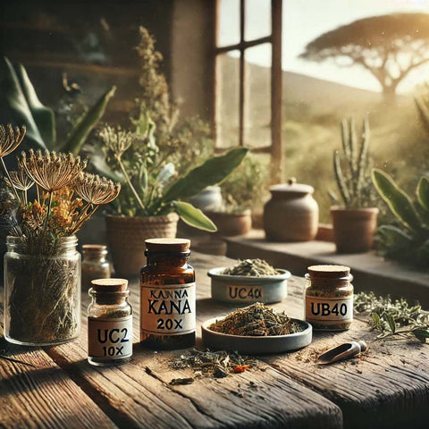 Verschiedene Kanna-Extrakte in Gläsern und Schalen auf einem Holztisch, umgeben von Pflanzen.