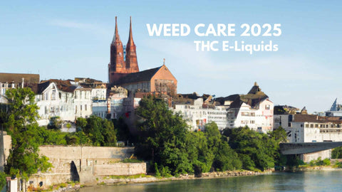 Illustration mit Basel Skyline, Vape Pen und 510er Cartridge – stilvolles Blogbild zum Start des Weed Care Projekts 2025