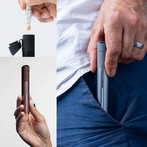 Puffco - Pivot Portable Concentrates Vaporizer shown in a hand, pocket, and in use with concentrate.