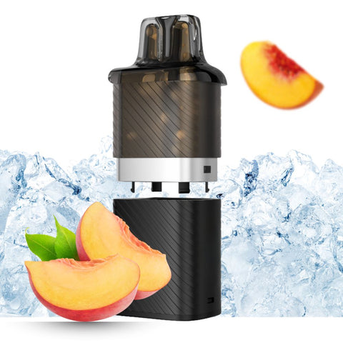 VOZOL Vista Plug Pod-System with refill tank, featuring juicy peach slices and ice backdrop, 12 ml capacity for enjoyable vaping.