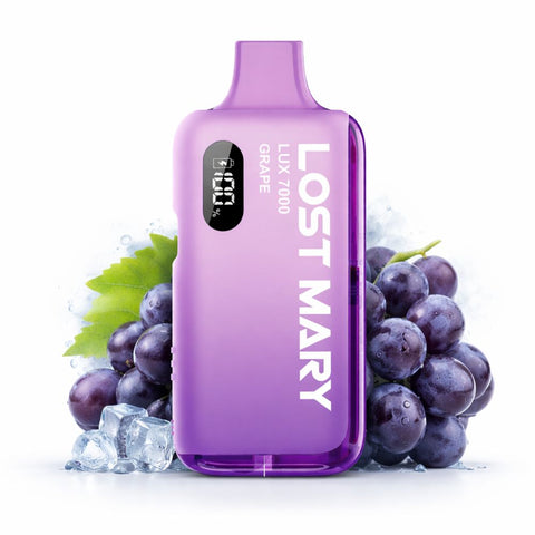 LOST MARY LUX 7000 Kit in lila mit Traubengeschmack, umgeben von Trauben und Eis.