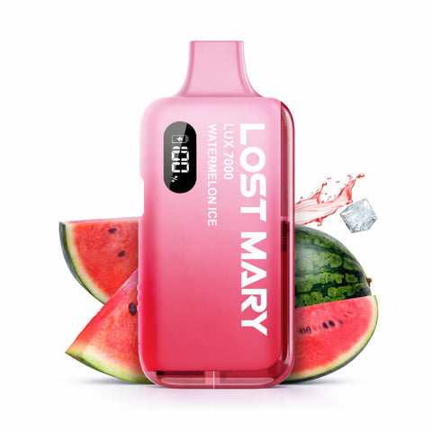 LOST MARY LUX 7000 Kit in Watermelon Ice flavor, modern hybrid pod system with liquid display and watermelon slices.