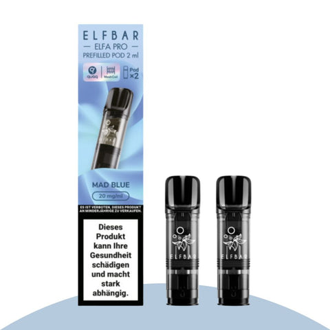 Elfbar ELFA PRO Pods, 2ml Nikotinsalz-Liquid, Geschmack Mad Blue, 20mg/ml, 2er-Pack.