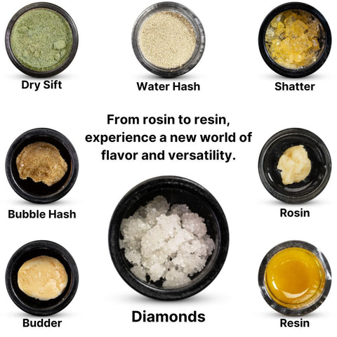 Variety of cannabis concentrates including Dry Sift, Water Hash, Shatter, Bubble Hash, Rosin, Budder, and Diamonds.