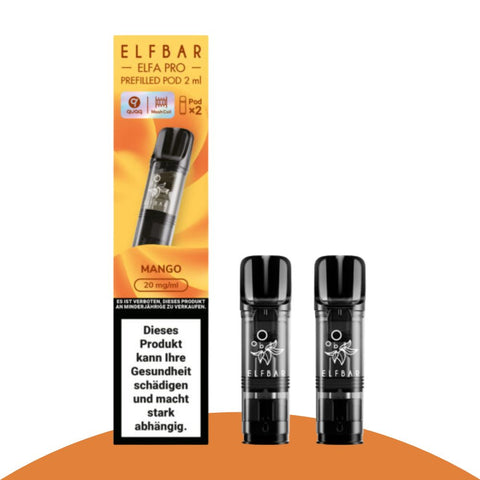 Elfbar ELFA PRO Pods in Mango flavor, 2ml, 20mg/ml nicotine, pack of 2 for intense vaping experience.