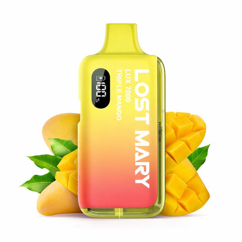 Bild des LOST MARY LUX 7000 Kit in der Geschmacksrichtung Triple Mango mit frischen Mangostücken.