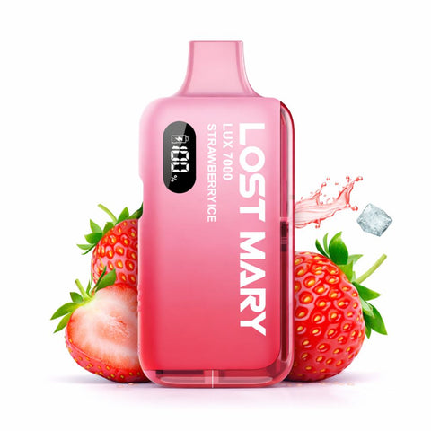 LOST MARY LUX 7000 Kit in Strawberry Ice flavor, featuring a sleek design and strawberries in the background.