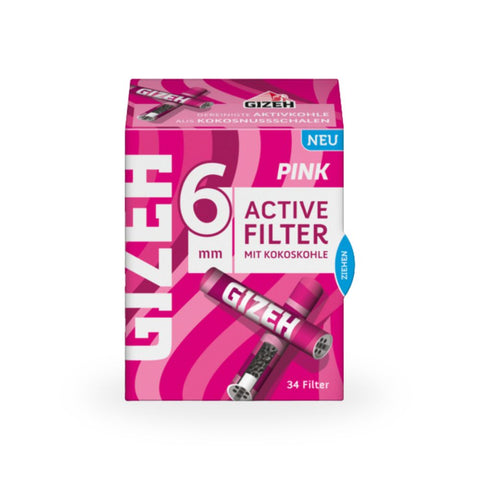 GIZEH Pink Active Filter 6mm - 34 Stück in auffälliger Verpackung mit pinkem Design.