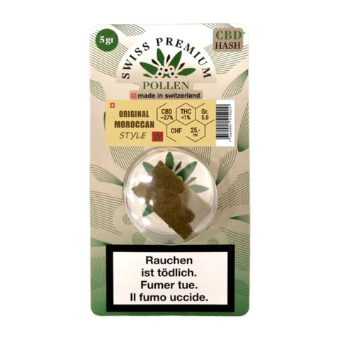 Swiss Premium Pollen in Moroccan Style packaging showcasing 5g of CBD hash made in Switzerland.