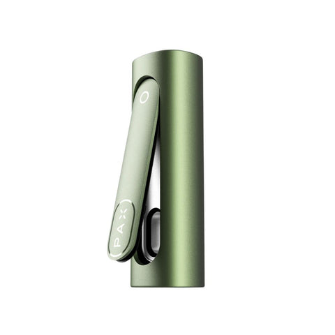 PAX Flow Herb Vaporizer in green, showcasing its compact design and intuitive features, featuring hybrid heating system.