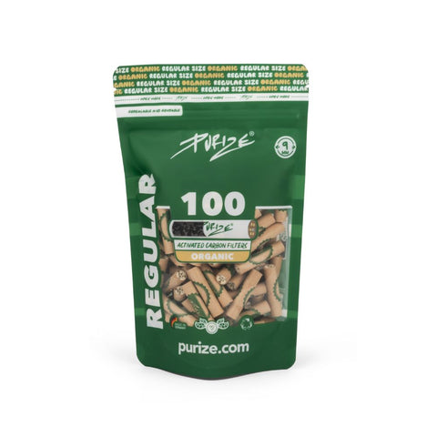 Purize - Regular 9mm Aktivkohlefilter Organic in einer grünen Verpackung mit 100 Stück.