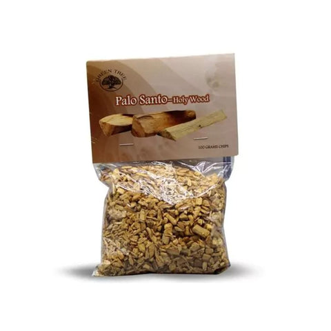 Palo Santo Wood Chips 100 g in a clear bag, showcasing wood chips for cleansing and grounding.