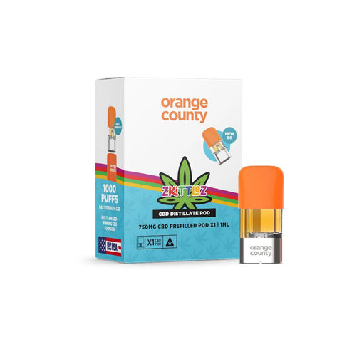 Orange County - CBD Prefilled Pod1 ml 750 mg in a colorful package with orange top, offering 1000 puffs of CBD distillate.