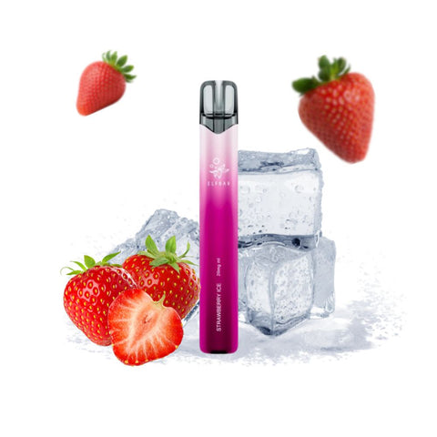 ELFBAR - 1000 Einweg vape with strawberry flavor, surrounded by fresh strawberries and ice cubes.