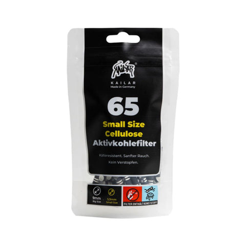 Kailar Aktivkohlefilter Cellulose in kleiner Packung für sanften Rauchgenuss, made in Germany.