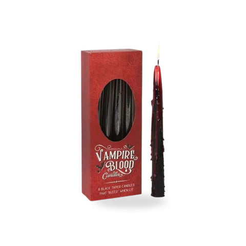 Set of 8 Vampire Blood Taper Candles in a red box with one candle showing the dramatic blood-wax effect.