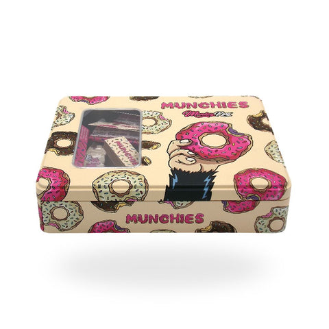 Monkey King Try - Kit Metal Box in buntem Design mit Donuts und Sichtfenster für die Aufbewahrung von Rolling-Essentials.
