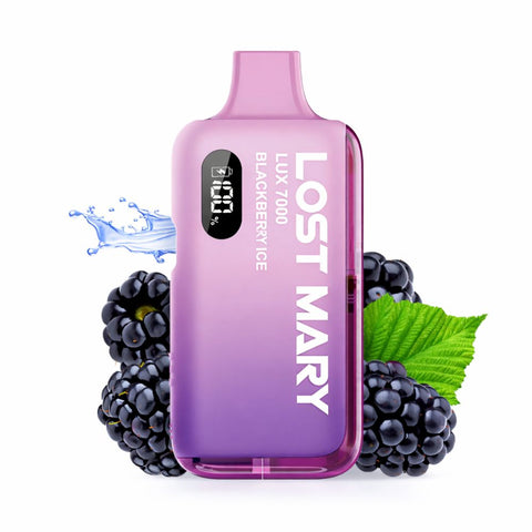 LOST MARY LUX 7000 Kit in Blackberry Ice flavor with blackberries and water splash background.