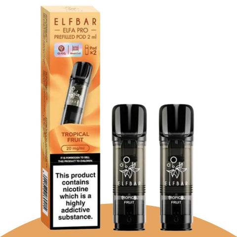 Elf Bar ELFA PRO Pods 2ml in Tropical Fruit flavor, 20mg/ml nicotine, pack of 2 for rich vaping experience.