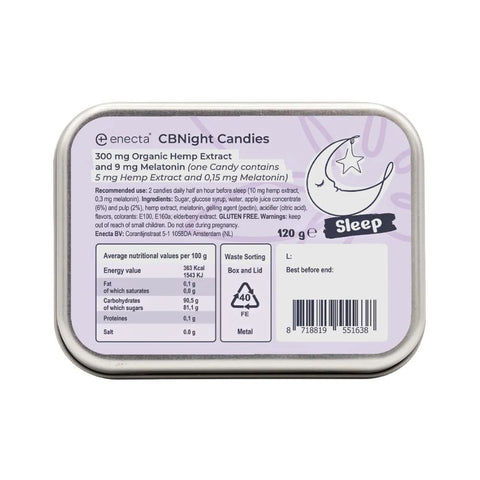 Enecta - CBNIGHT Candies - CBD & Melatonin packaging with nutritional information and sleep theme