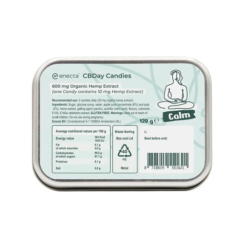 Enecta - CBDAY Candies - Calm package featuring 600 mg organic hemp extract for relaxation.
