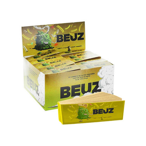 Beuz High Buddy Unbleached Filter Tips box featuring colorful packaging and filter tips for a clean smoking experience.