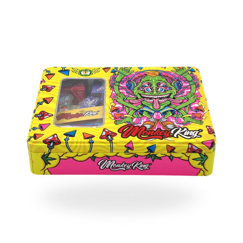 Monkey King Try - Kit Metal Box in einem bunten Metalldesign mit Sichtfenster und stylischem Muster.