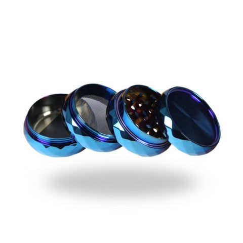 Grinder Crystal Blue Zinc 4er mit vierteiliger Zinkkonstruktion in Chrom-Blau-Look.