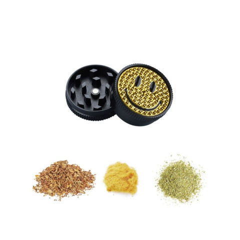 Champ High Yellow Smile Grinder with smiley design and ground herbs in vibrant colors.