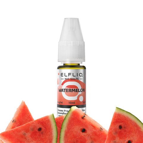 ELFLIQ Watermelon E-Liquid in 10 ml bottle with fresh watermelon slices, perfect for vape enthusiasts.