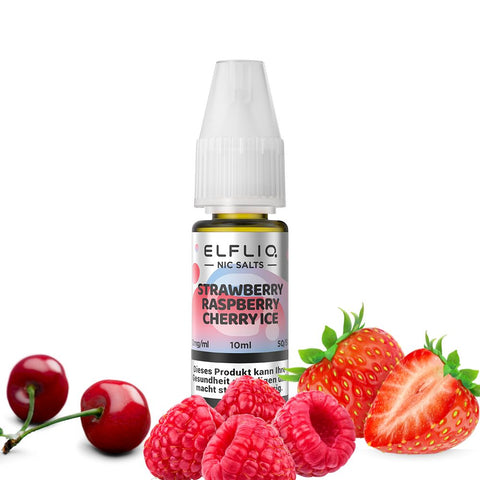 ELFLIQ Strawberry Raspberry Cherry Ice E-Liquid 10ml with fresh fruits, ideal for sustainable vaping.