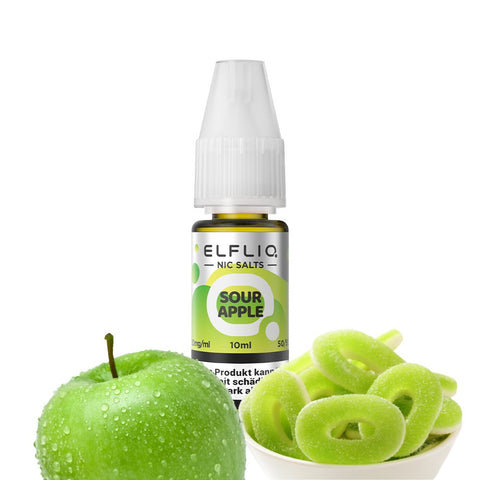 ELFLIQ Sour Apple E-Liquid bottle with green apple and sour candy on a white background.