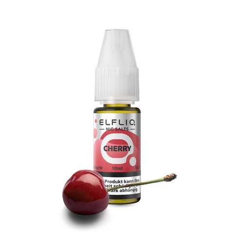 ELFLIQ Cherry E-Liquid 10ml bottle with a cherry fruit, featuring 10mg nicotine salts for vaping.