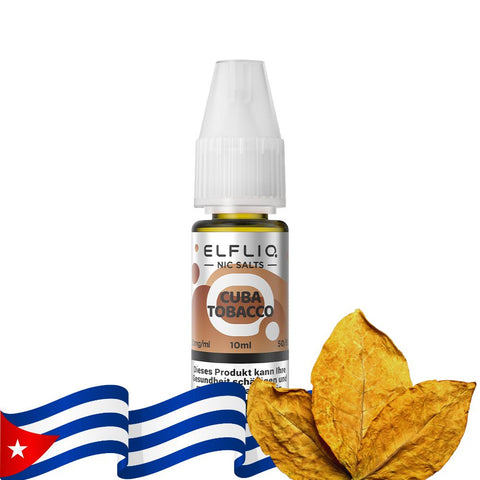 ELFLIQ Cuba Tobacco E-Liquid 10ml bottle with Cuban flag and tobacco leaves.