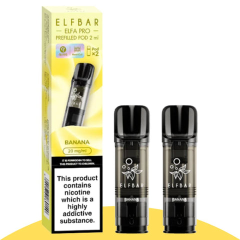 Elfbar ELFA PRO Banana Pods 2ml Pack of 2, nicotine salt liquid for intense vaping experience.