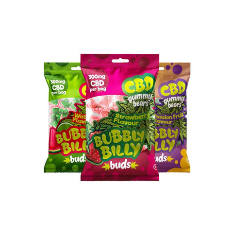 Bubbly Billy Buds CBD Gummibärchen in Strawberry, Watermelon, and Passion Fruit flavors, 300mg CBD each bag.