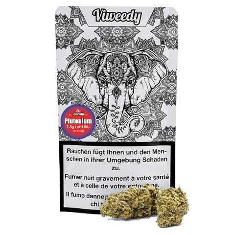 Viweedy Plutonium CBD Indoor flowers in 7.5g packaging with intricate elephant design.