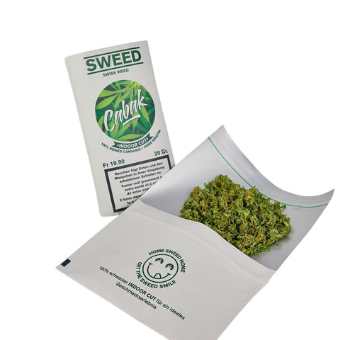 Sweed Cabak Tabakersatz 20g package with indoor cut cannabis inside.