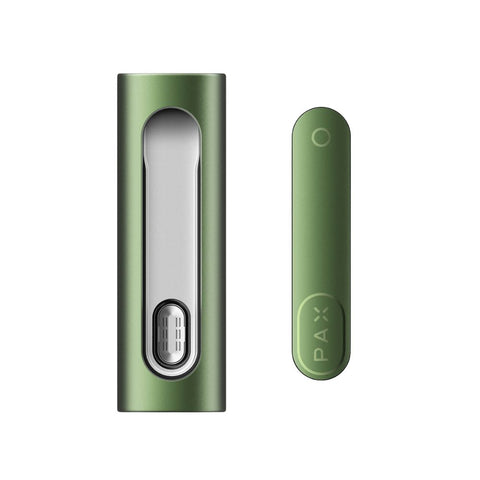PAX Flow Herb Vaporizer in green, featuring a sleek design and hybrid heating system, perfect for portable use.