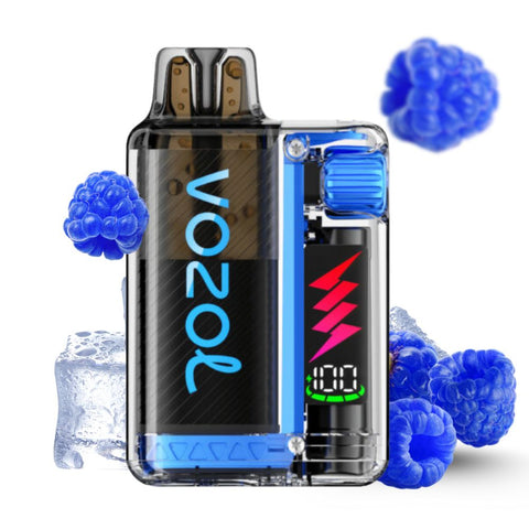 VOZOL Vista Plug Starter Kit with blue design, featuring ice and raspberries for a refreshing vape experience.