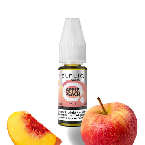ELFLIQ Apple Peach E-Liquid 10ml bottle with an apple and peach, featuring 10 or 20 mg nic salts.