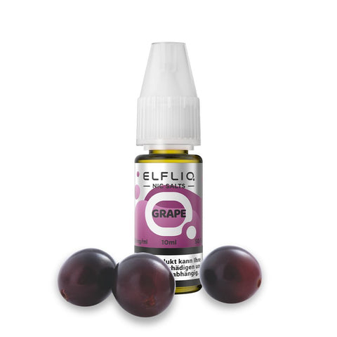 ELFLIQ E-Liquid Grape 10ml bottle with grapes, 10mg and 20mg nicotine salt options, ideal for sustainable vaping.