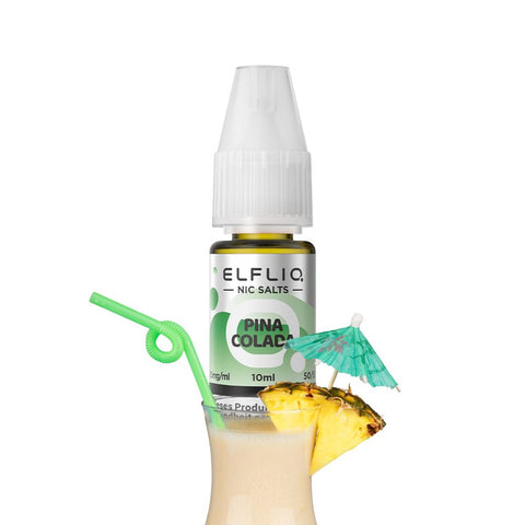 ELFLIQ Pina Colada E-Liquid 10ml bottle with tropical drink and straw, perfect for sustainable vaping.