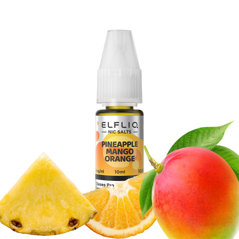 ELFLIQ Pineapple Mango Orange E-Liquid 10ml with fresh fruits, ideal for sustainable vaping.