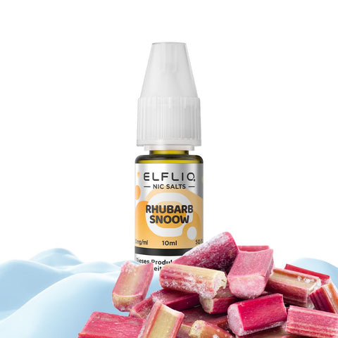 ELFLIQ Rhubarb Snow E-Liquid 10ml bottle with rhubarb pieces for flavorful vaping experience.