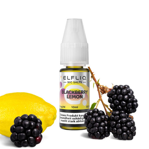 ELFLIQ Blackberry Lemon E-Liquid in a 10ml bottle with blackberries and a lemon