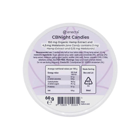 Enecta - CBNIGHT Candies - CBD & Melatonin packaging showing ingredients and nutritional information.