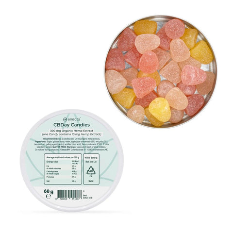Enecta - CBDAY Candies - Calm in a tin, featuring colorful vegan fruit gummies with organic hemp extract.