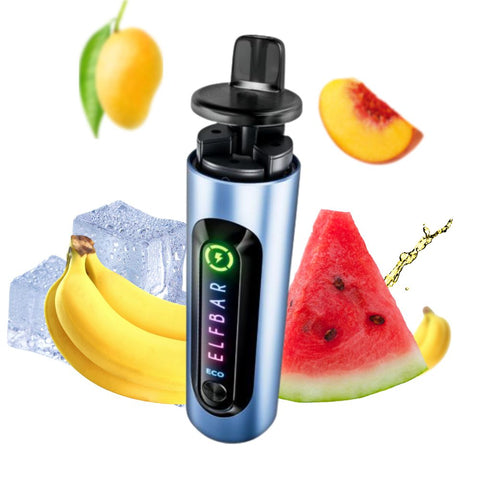 ELFBAR 4 in 1 Starter Kit mit Fruchtaromen: Banane, Wassermelone, Mango und Pfirsich im Hintergrund.